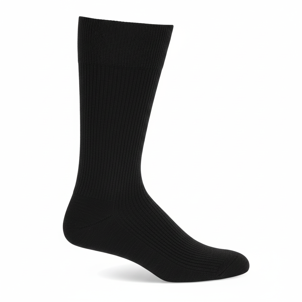 A single black ribbed crew sock shown on a white background.