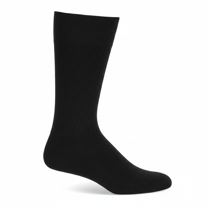 A single black ribbed crew sock shown on a white background.