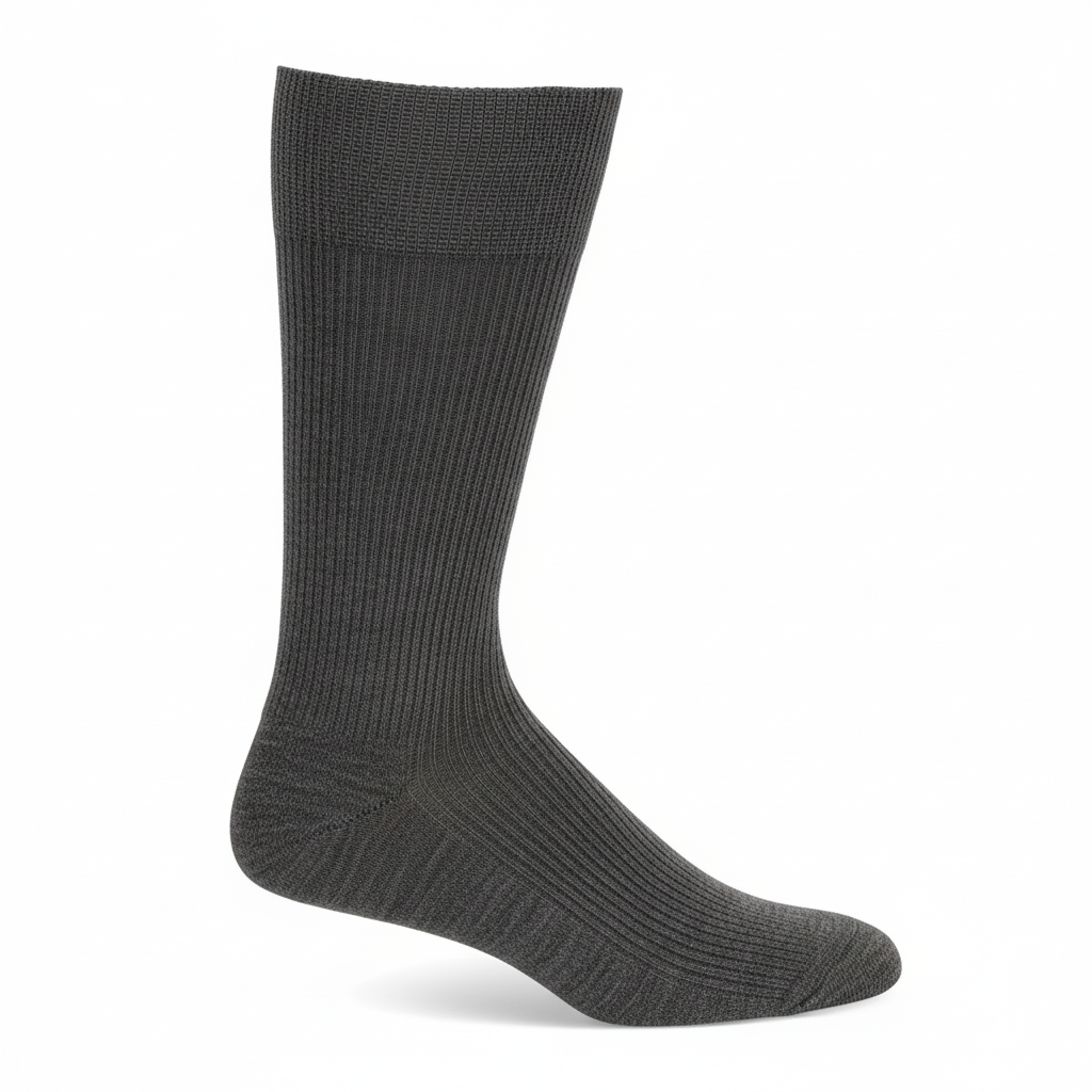 A single dark gray ribbed crew sock shown on a white background.