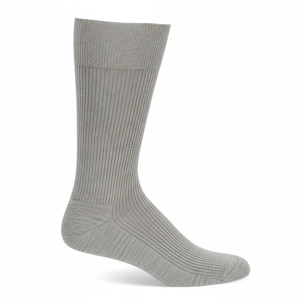 A single ribbed crew sock in a light gray color, shown from a side profile on a clean white background.