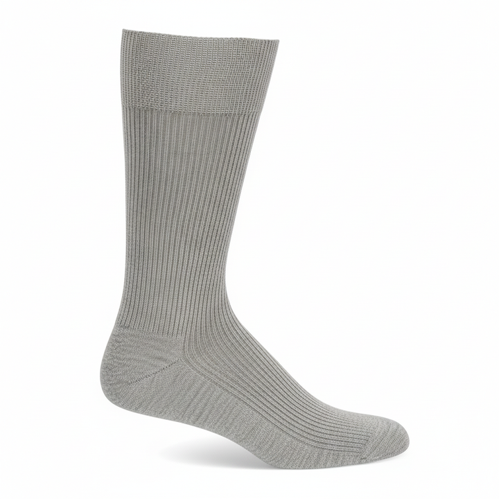 A single ribbed crew sock in a light gray color, shown from a side profile on a clean white background.