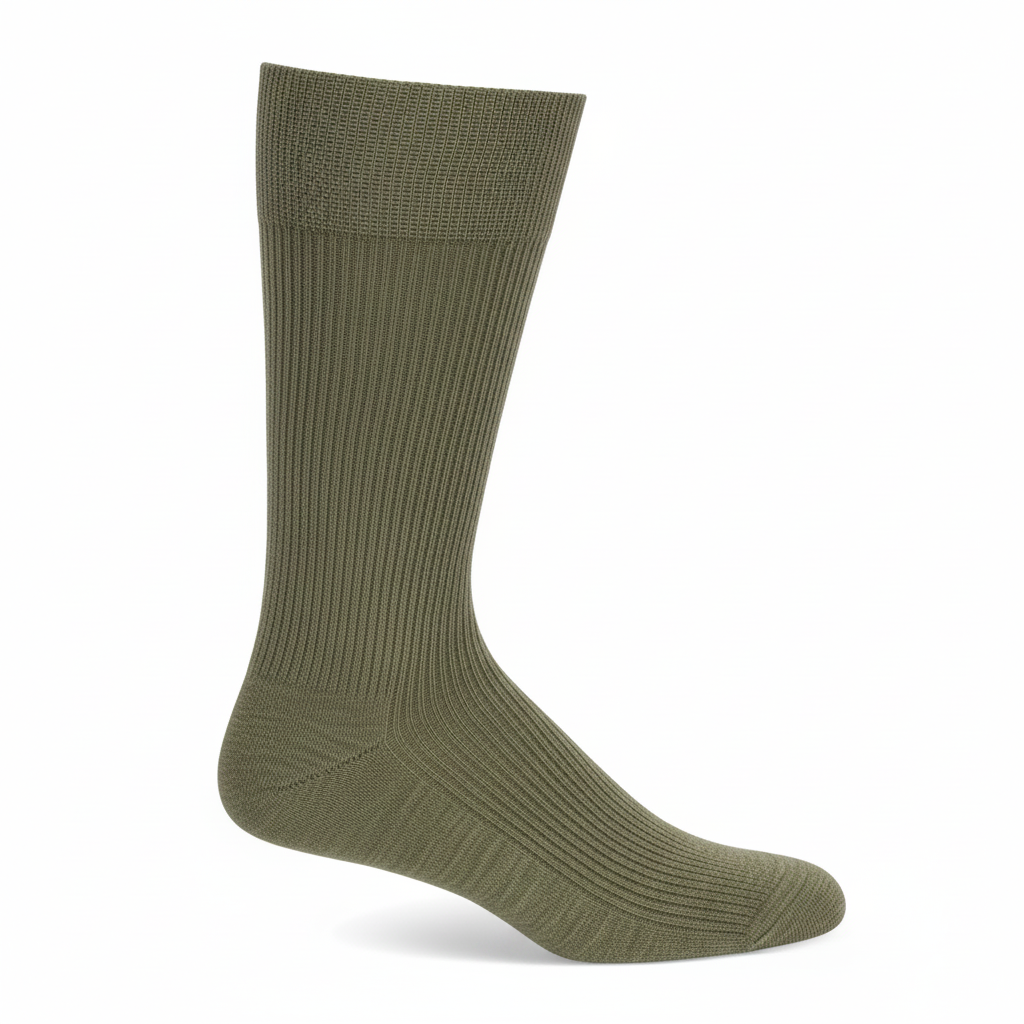 An olive green ribbed crew sock shown on a white background.