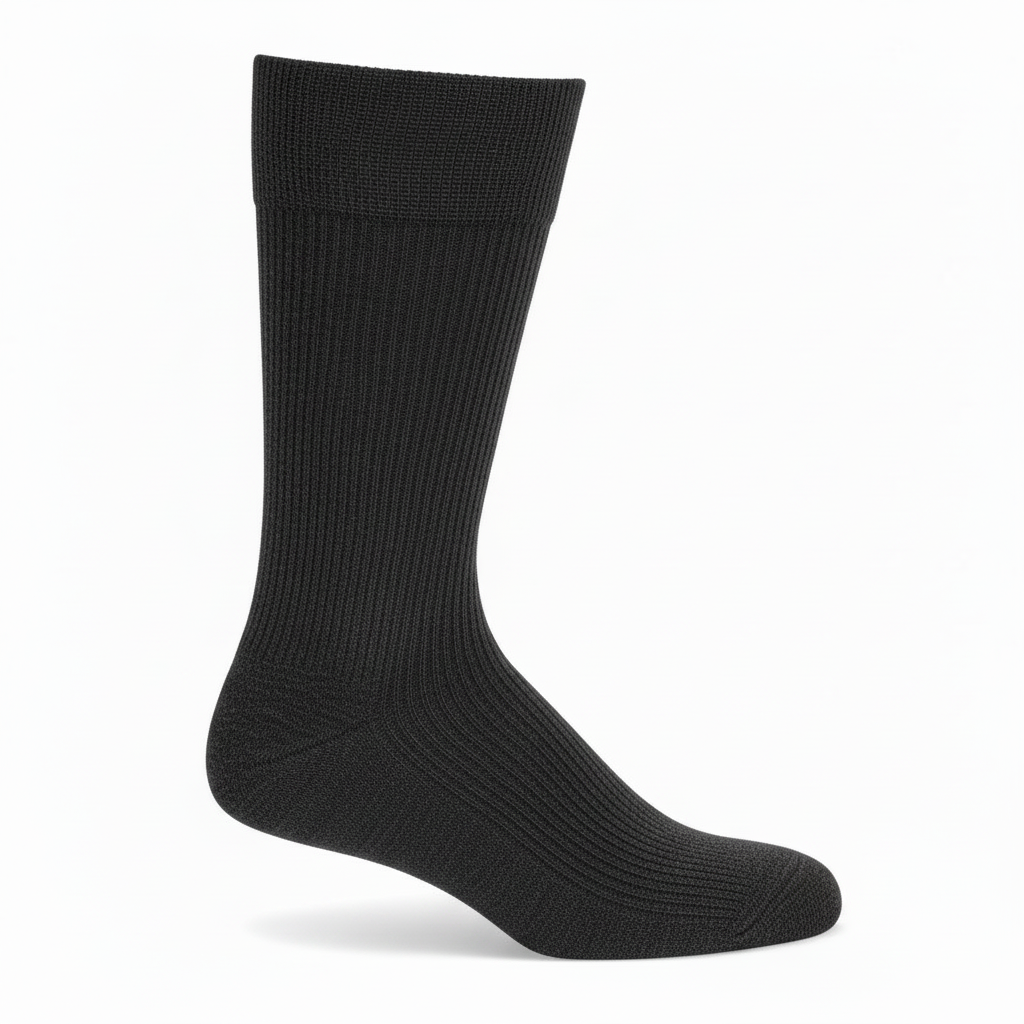 A single black ribbed crew sock shown in a side profile on a clean white background.