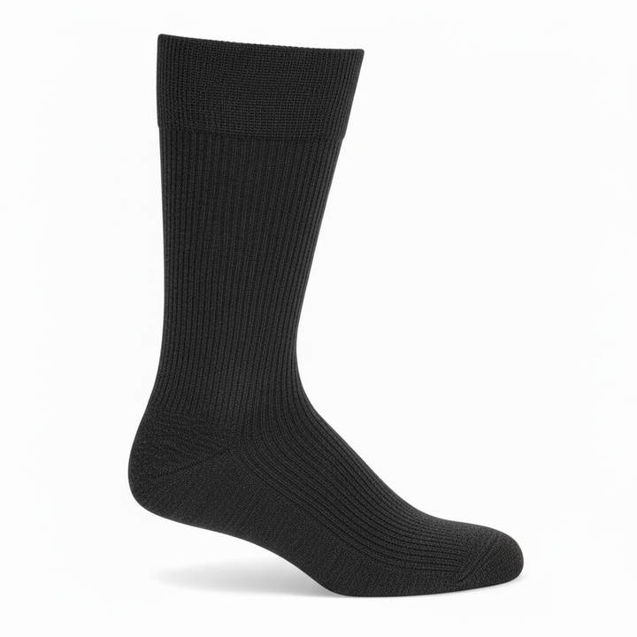 A single black ribbed crew sock shown in a side profile on a clean white background.