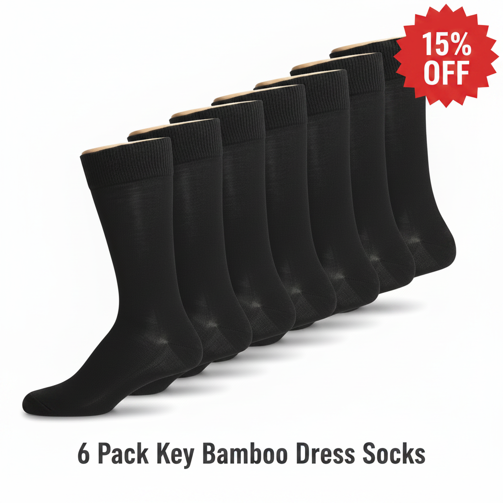 6 PACK LARGE BLACK BAMBOO DRESS SOCKS by Key