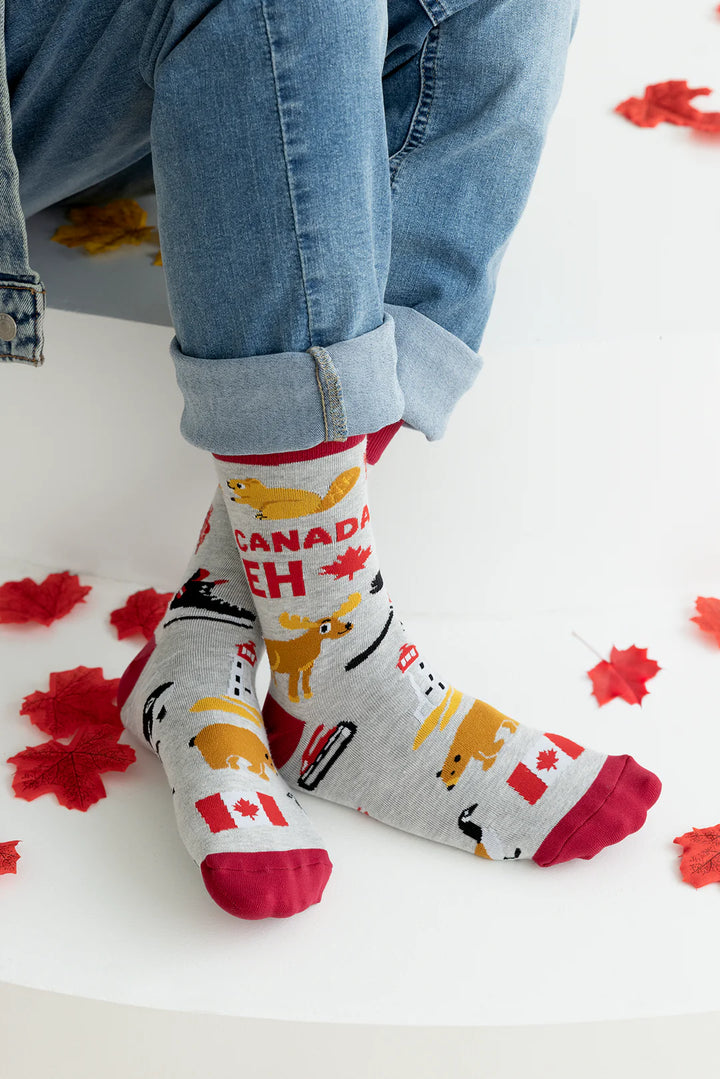 "Canada Eh" Cotton Crew Socks by Uptown Sox - Large