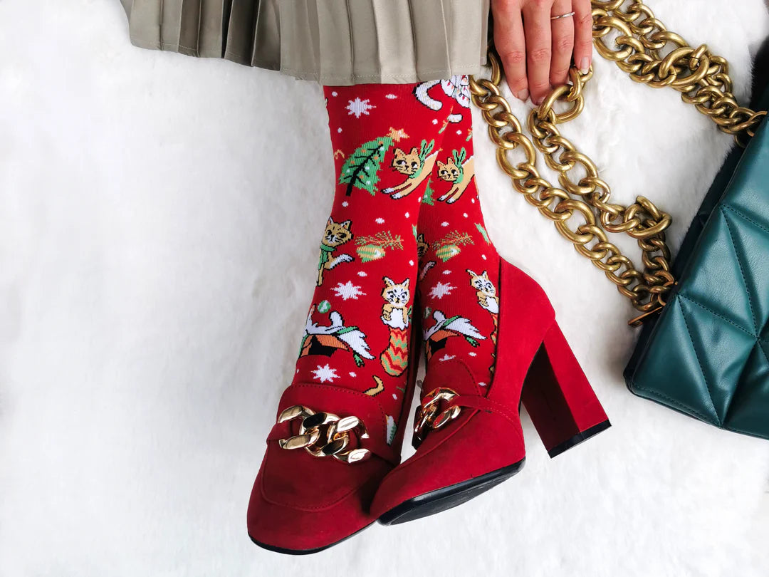 "FELINE FESTIVE" Cotton Crew Socks by Uptown Sox