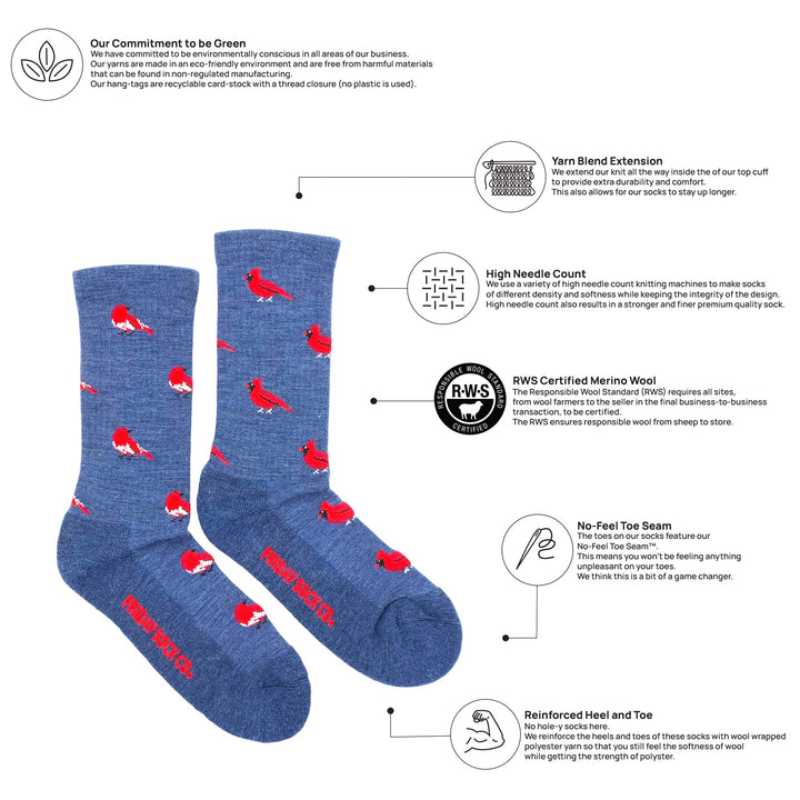 "Cardinal and Robin" 70% Merino Wool Socks by Friday Sox Co - Medium