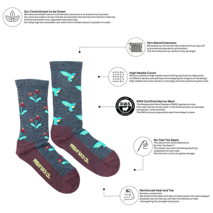 "Hummingbird" Merino Wool Socks by Friday Sox Co - Medium