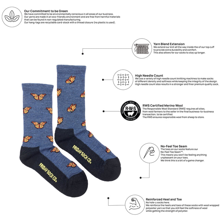 "Butterfly" 70% Merino Wool Socks by Friday Sox Co - Medium