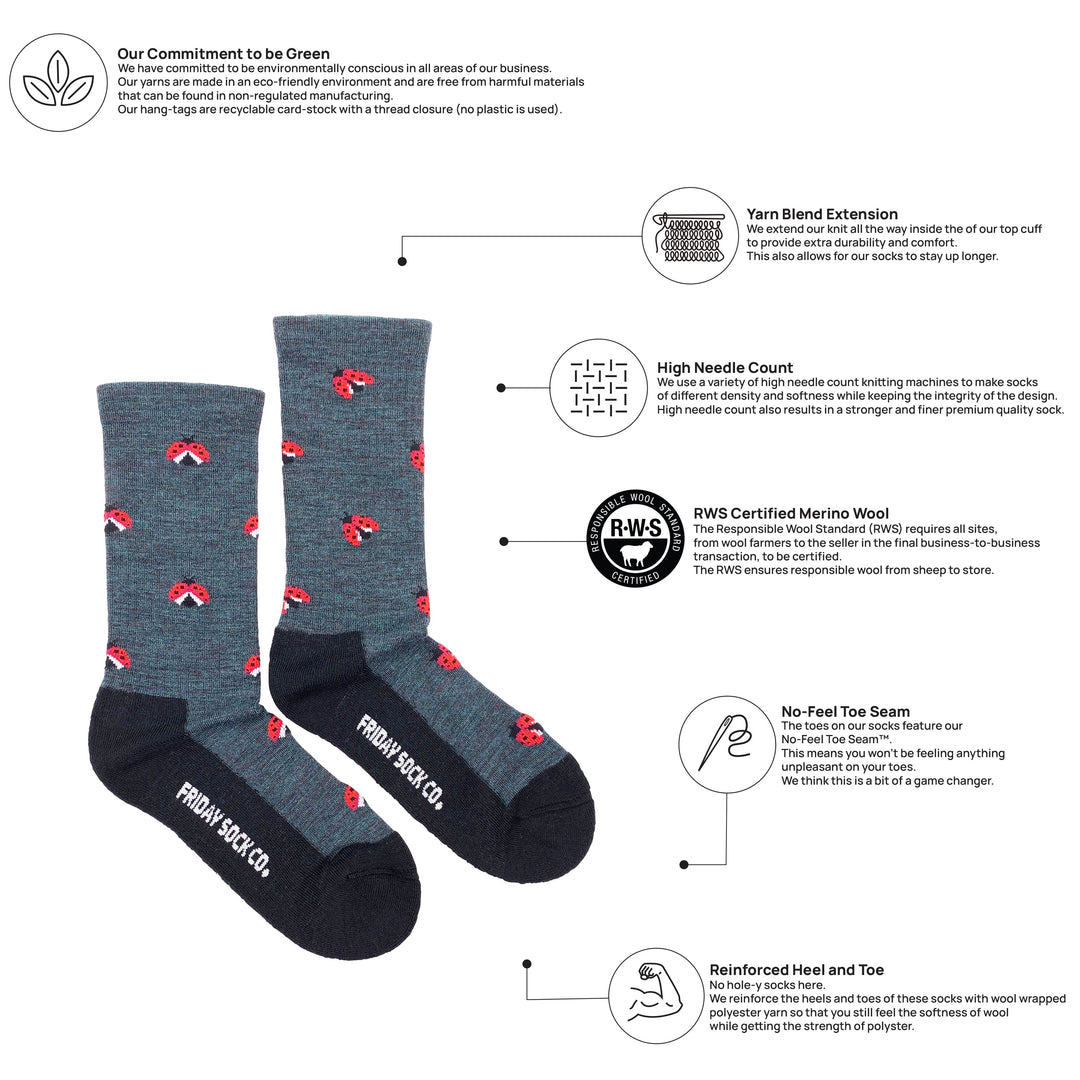 "Ladybug" Merino Wool Socks by Friday Sox Co - Medium