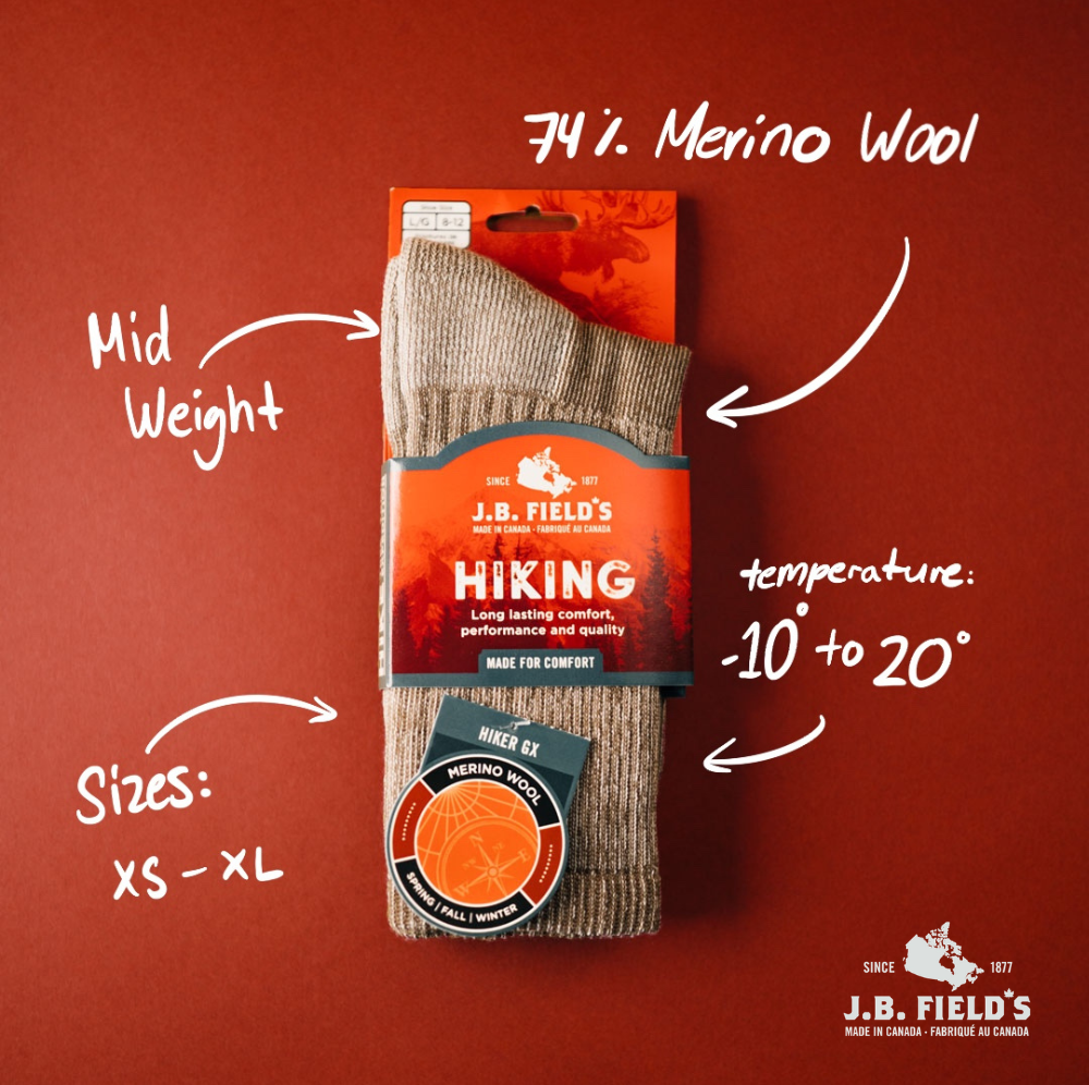 J.B. Field's "Hiker GX" 74% Merino Wool Hiking Crew Sock