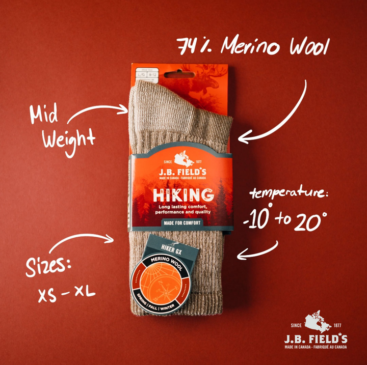 J.B. Field's "Hiker GX" 74% Merino Wool Hiking Crew Sock