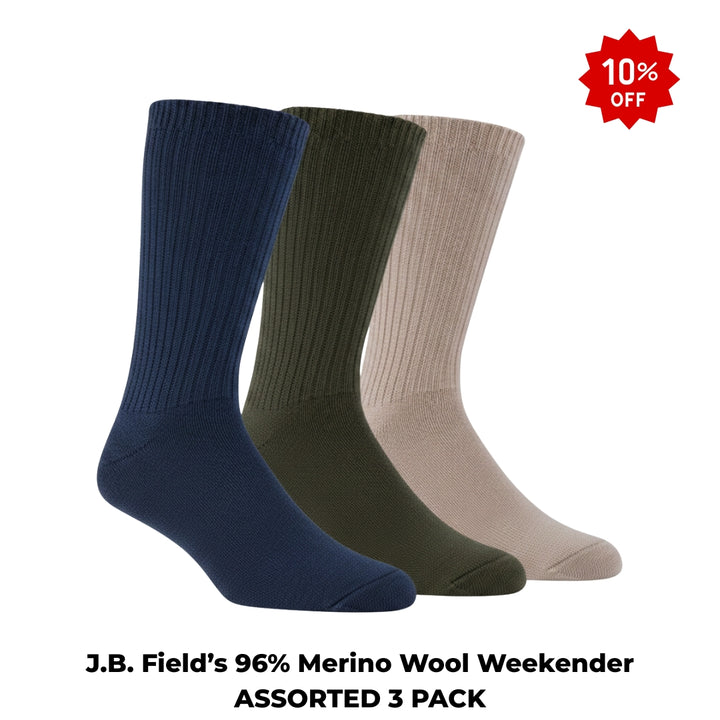 3 PAIR - J.B. Field's "Wool Weekender" 96% Merino Wool Socks (Assorted)