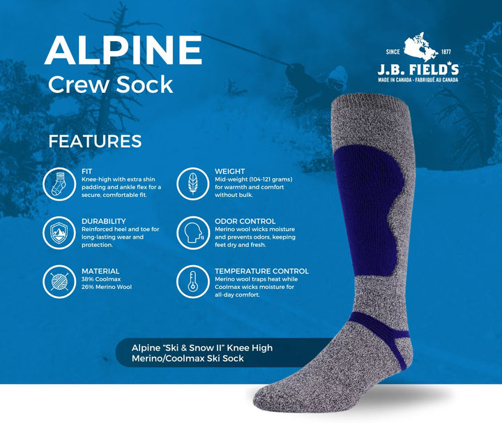 J.B. Field's Alpine "Ski & Snow II" Knee High Merino/Coolmax Ski Sock