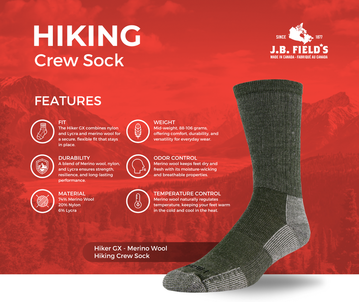 J.B. Field's "Hiker GX" 74% Merino Wool Hiking Crew Sock
