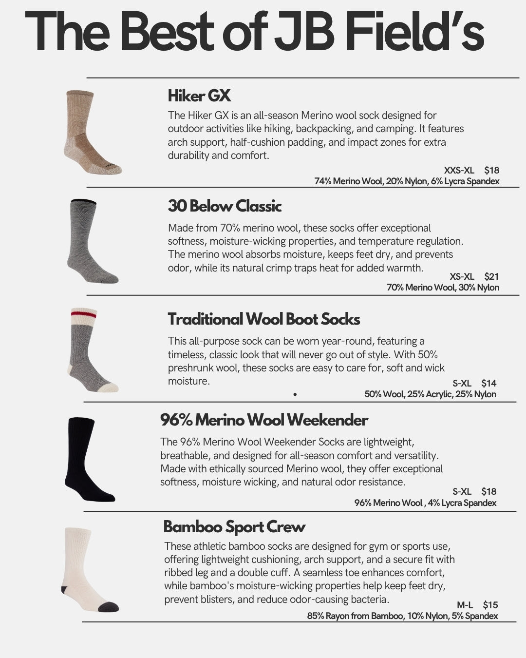 5 PAIR - J.B. Field's "Best of" pack (1 Thermal, 1 Athletic, 1 Casual, 1 Hiking, 1 Boot Sock)