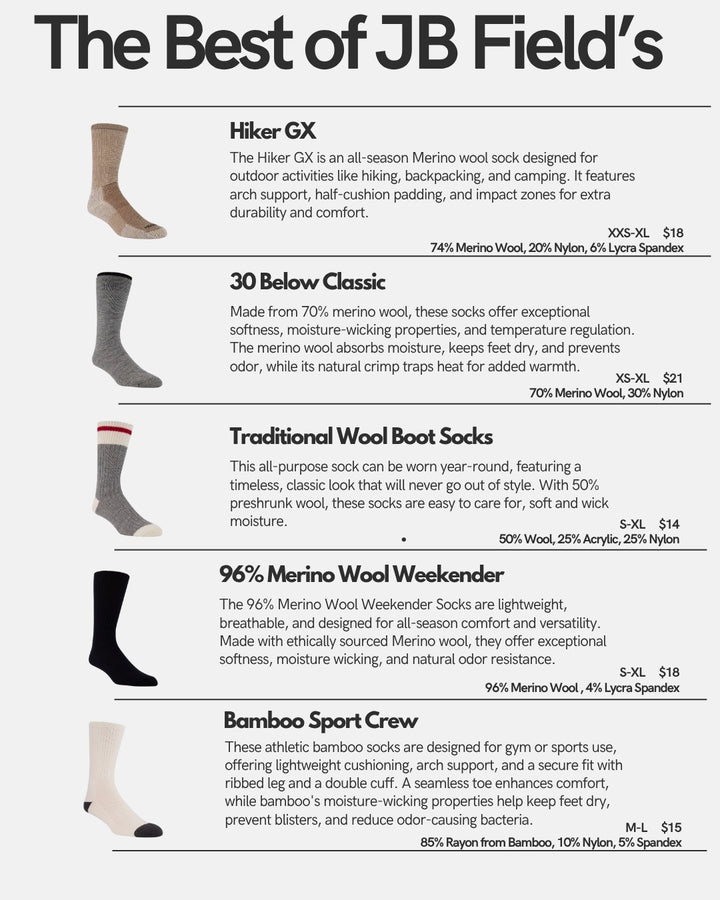 5 PAIR - J.B. Field's "Best of" pack (1 Thermal, 1 Athletic, 1 Casual, 1 Hiking, 1 Boot Sock)