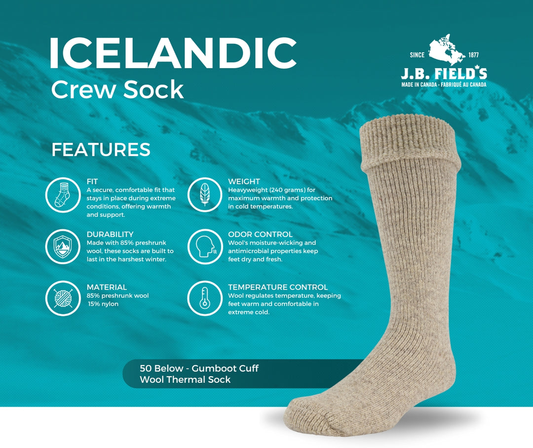 2 PAIR - J.B. Field's Icelandic "50 Below Ice" Wool Thermal Sock (SLIGHTLY IMPERFECT)