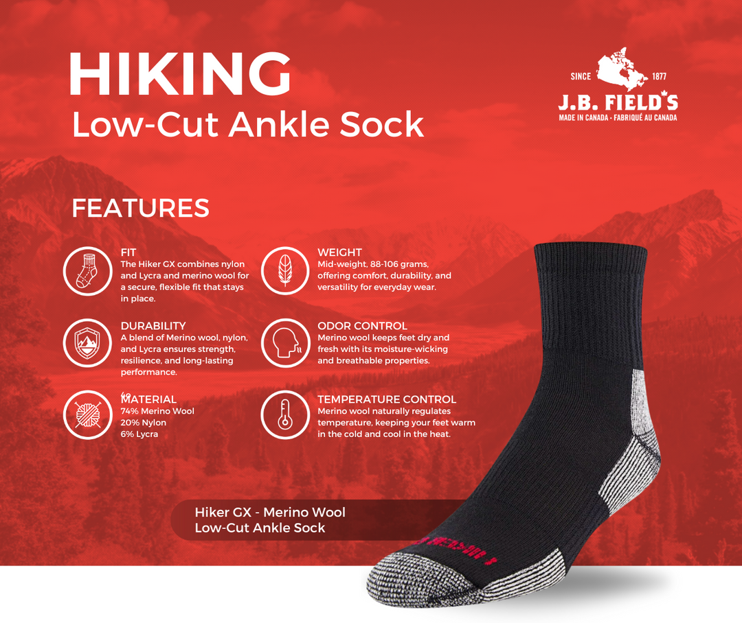 J.B. Field's Hiking "Hiker GX" 74% Merino Wool Low-Cut Ankle Socks