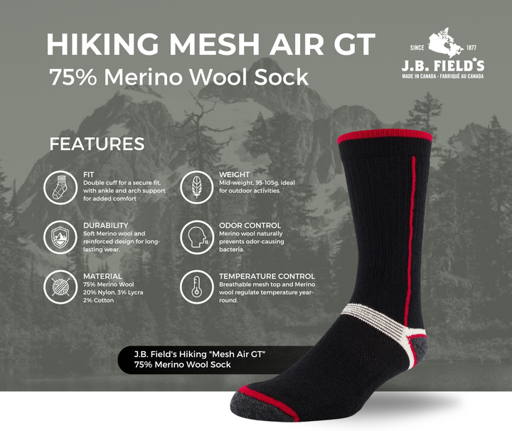 J.B. Field's Hiking "Mesh Air GT" 75% Merino Wool Sock