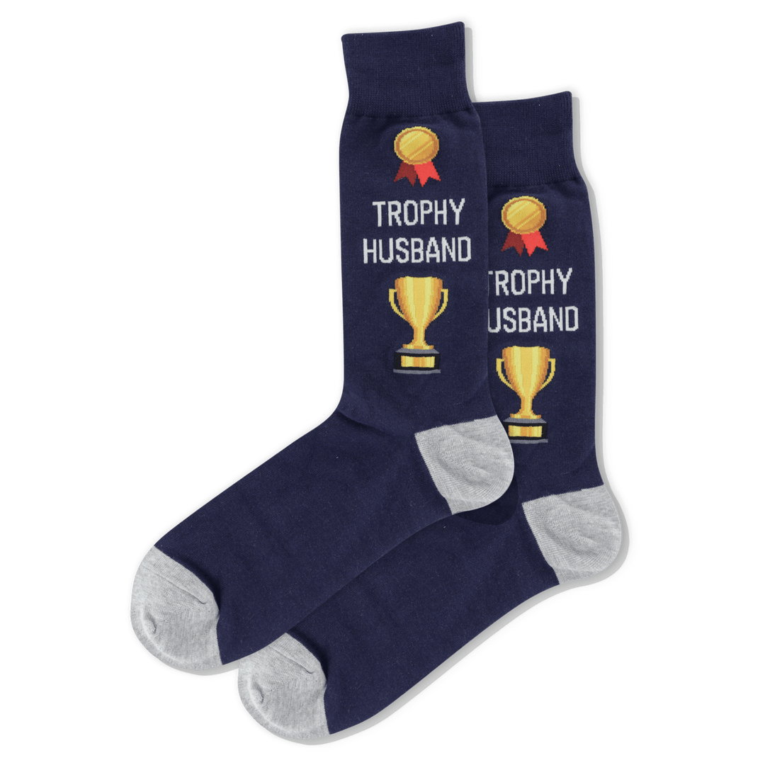 "Trophy Husband"Cotton Crew Socks  Navy by Hot Sox - Large
