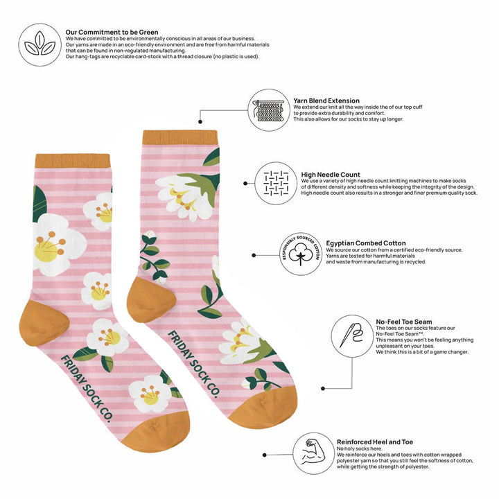 "Pink Stripes Floral" 85% Cotton Socks by Friday Sox Co
