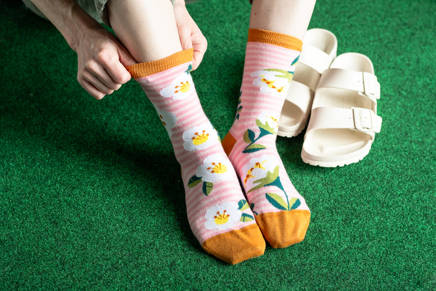 "Pink Stripes Floral" 85% Cotton Socks by Friday Sox Co