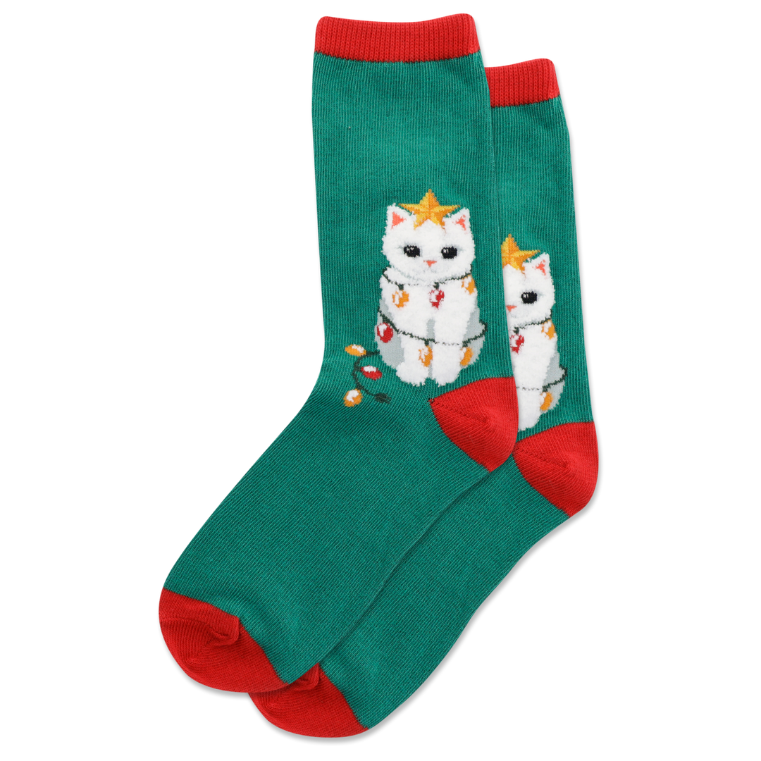 "Fuzzy Christmas Tree Cat" Crew Socks by Hot Sox - SALE