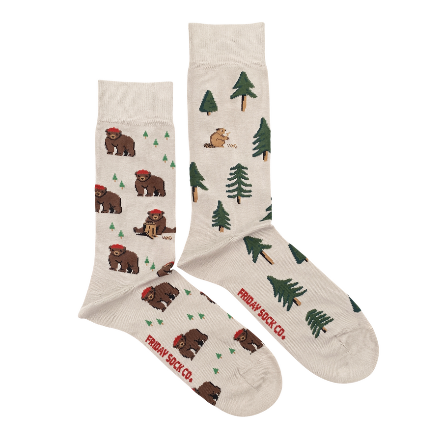 " Bear in Hat and Trees" Landscape 85% Cotton Socks by Friday Sox Co