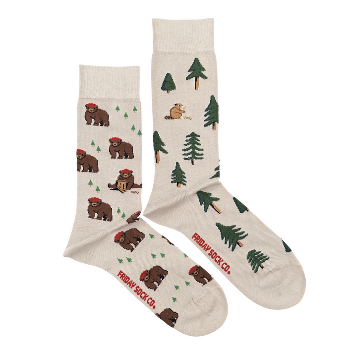 " Bear in Hat and Trees" Landscape 85% Cotton Socks by Friday Sox Co