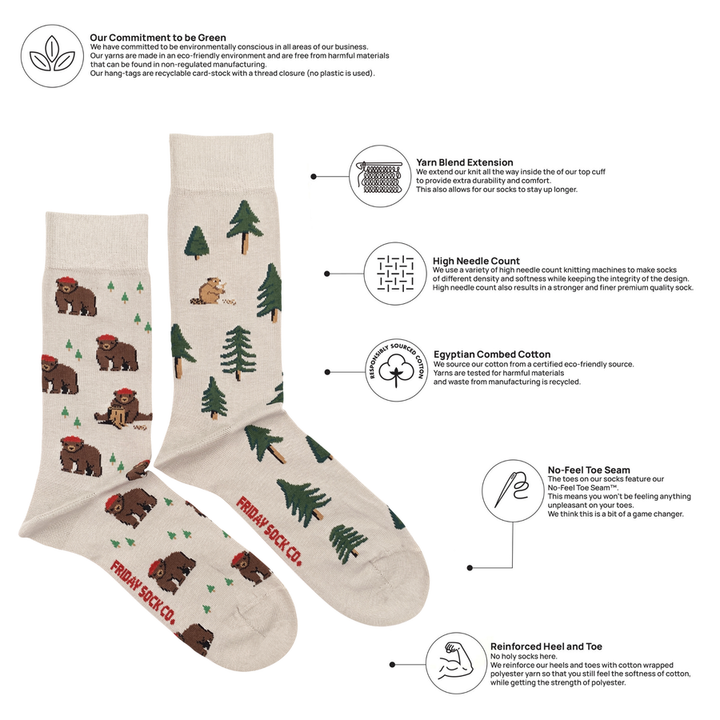 " Bear in Hat and Trees" Landscape 85% Cotton Socks by Friday Sox Co