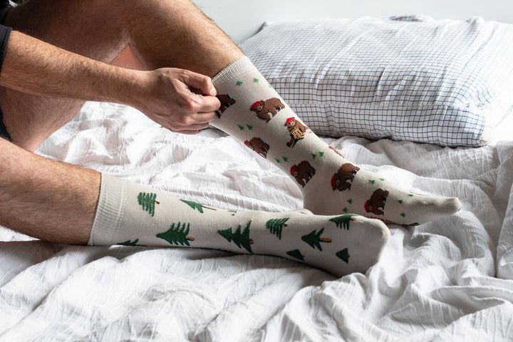 " Bear in Hat and Trees" Landscape 85% Cotton Socks by Friday Sox Co