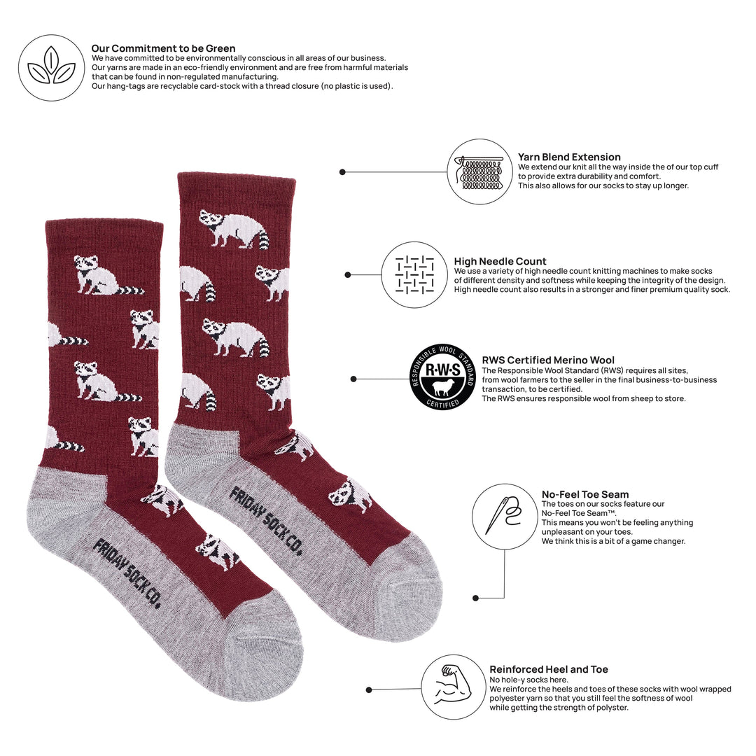 Raccoon" 70% Merino Wool Socks by Friday Sox Co - Large – Great Sox