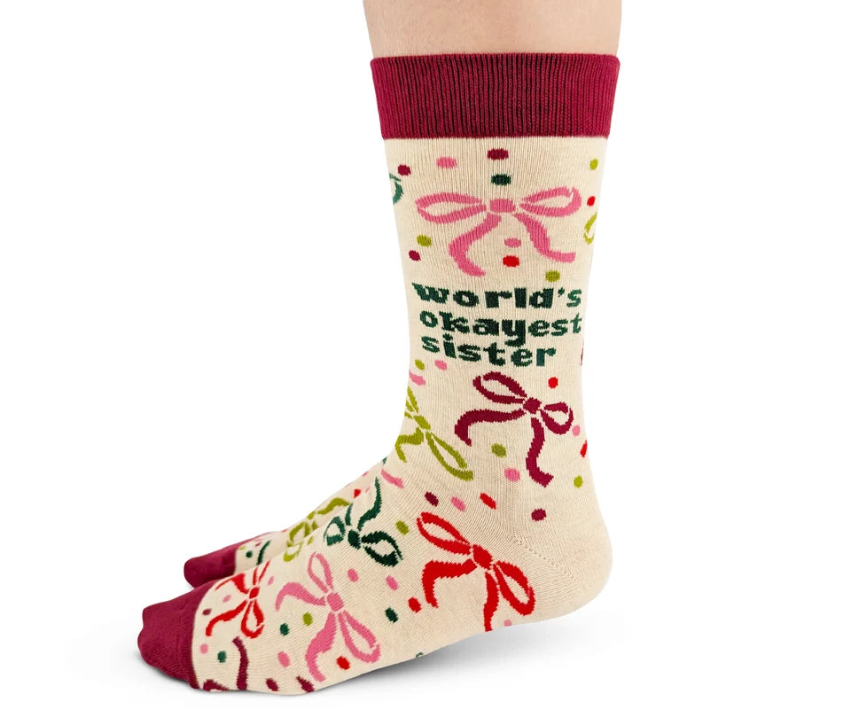 "Okayest Sister" Cotton Crew Socks by Uptown Sox - Medium