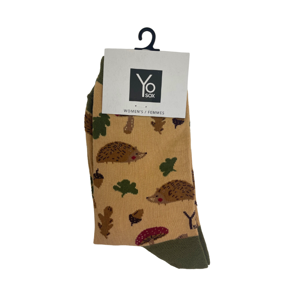 "Forest Hedgehog" Cotton Dress Crew Socks by YO Sox - Medium