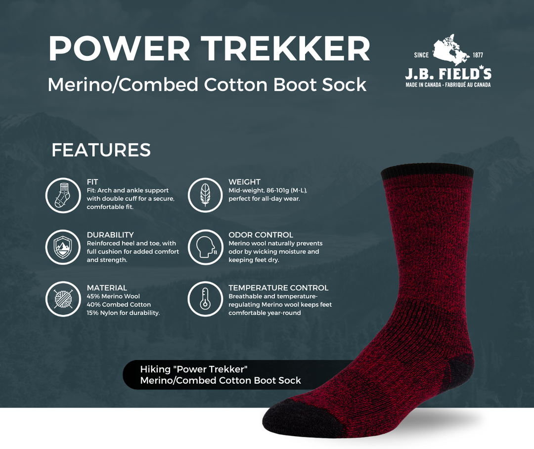 J.B. Field's Hiking "Power Trekker" Merino/Combed Cotton Boot Sock