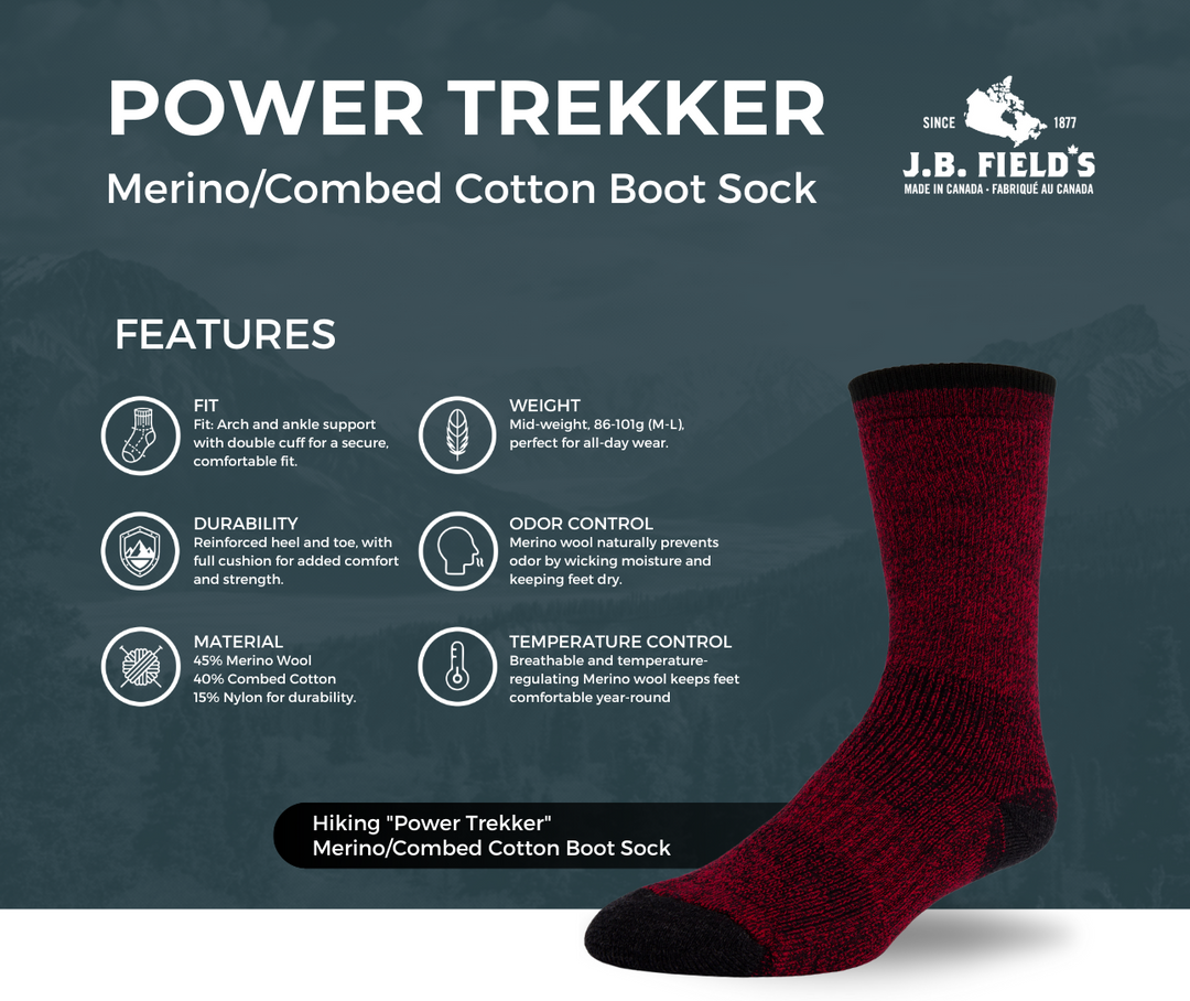 J.B. Field's "Power Trekker" Merino & Combed Cotton Socks - Large (CLEARANCE)