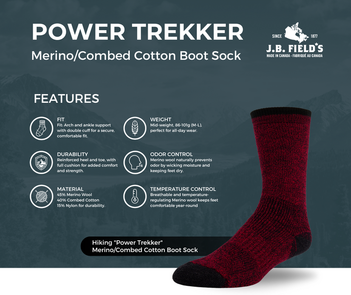 J.B. Field's "Power Trekker" Merino & Combed Cotton Socks - Large (CLEARANCE)