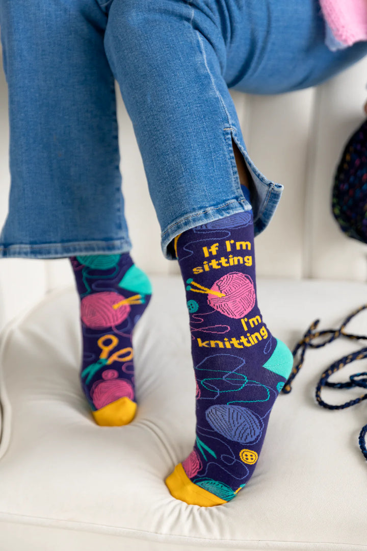 "Sit And Knit" Cotton Crew Socks by Uptown Sox - Medium