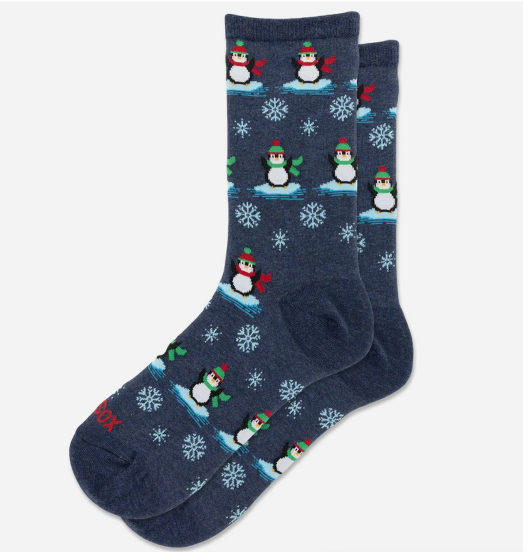 "Christmas Penguins" Cotton Crew Socks by Hot Sox - Medium