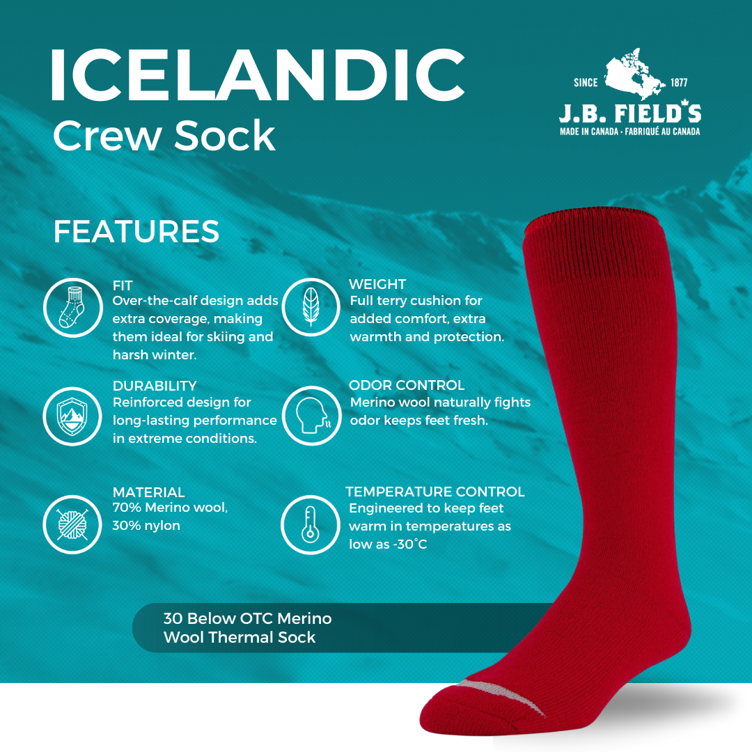 J.B. Field's Icelandic "30 Below Over-the-Calf" 70% Merino Wool Thermal Sock
