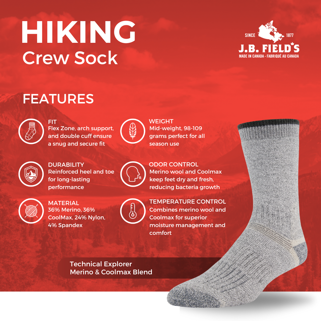 J.B. Field's "Technical Explorer" Merino/Coolmax Crew Hiking Sock