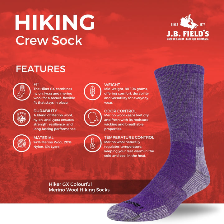 J.B. Field's "Hiker GX" Colourful 74% Merino Wool Hiking Crew Sock