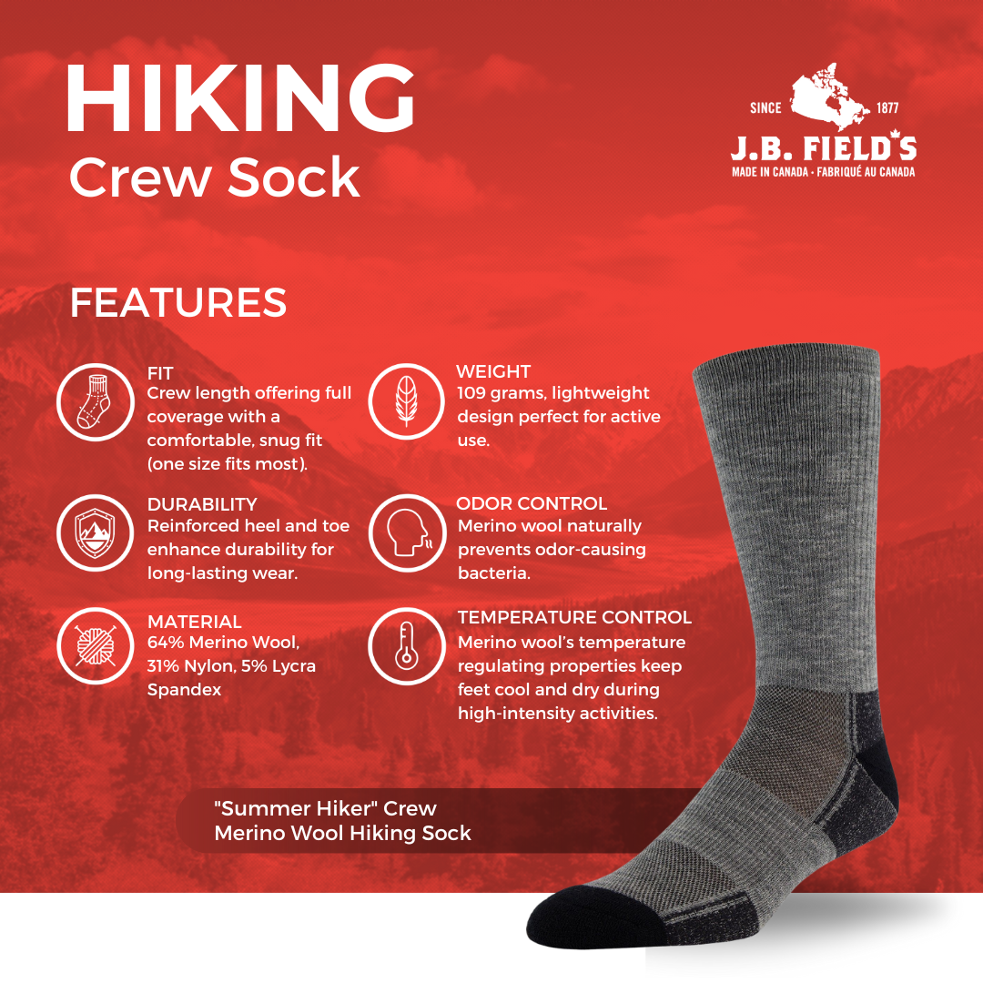 J.B. Field's "Summer Hiker" Crew Merino Wool Hiking Sock