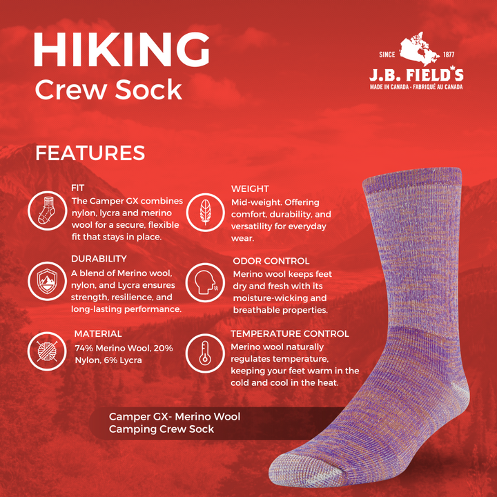 J.B. Field's "Camper GX" 74% Merino Wool Camping Crew Sock