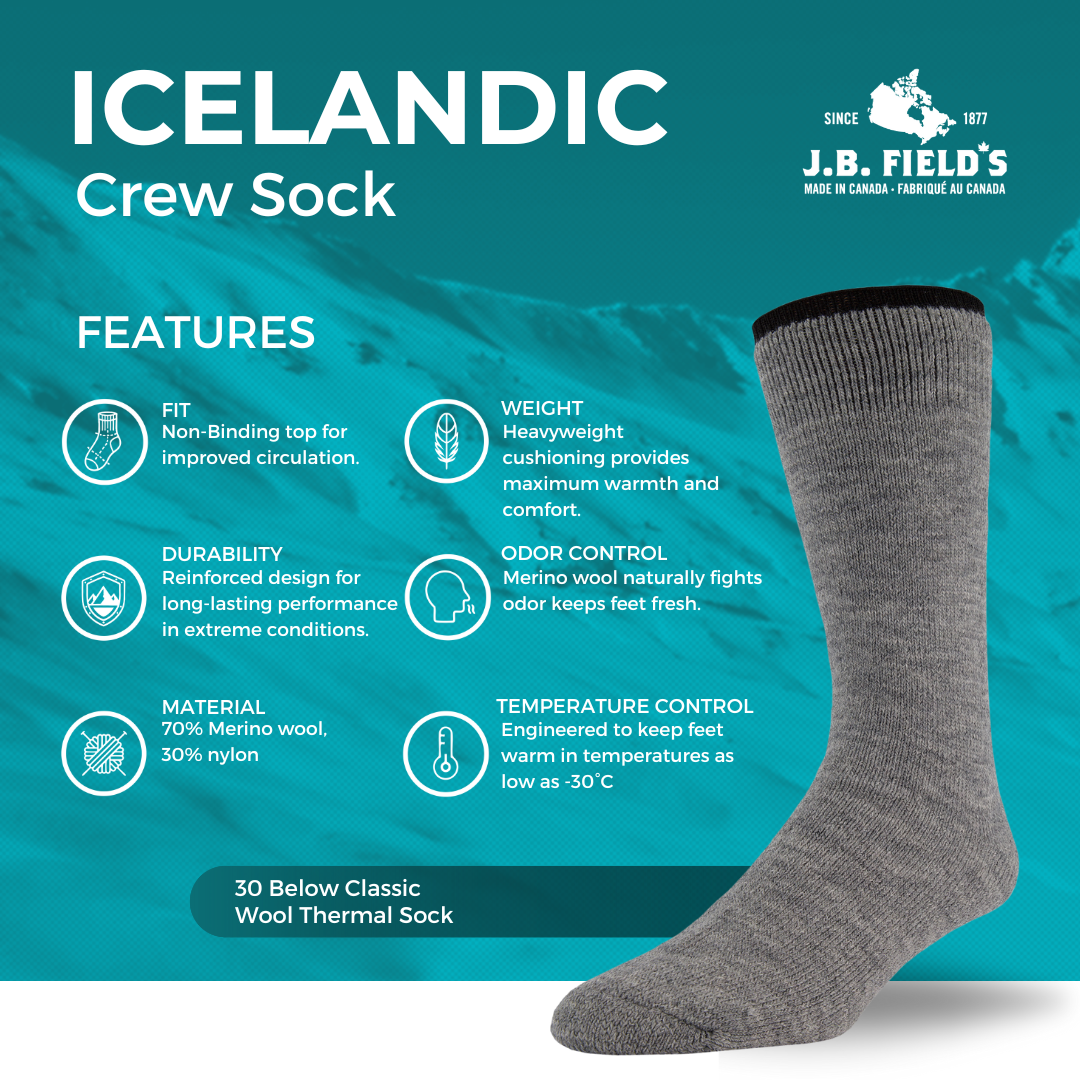 J.B. Field's Icelandic "30 Below Classic" 70% Merino Wool Thermal Sock
