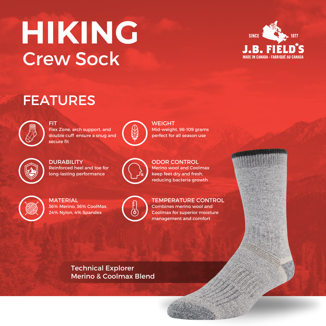 J.B. Field's "Technical Explorer" Merino/Coolmax Crew Hiking Sock