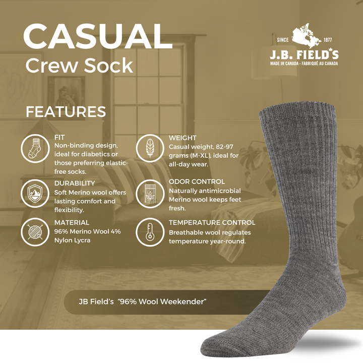 J.B. Field's Casual "Wool Weekender" 96% Merino Wool Sock