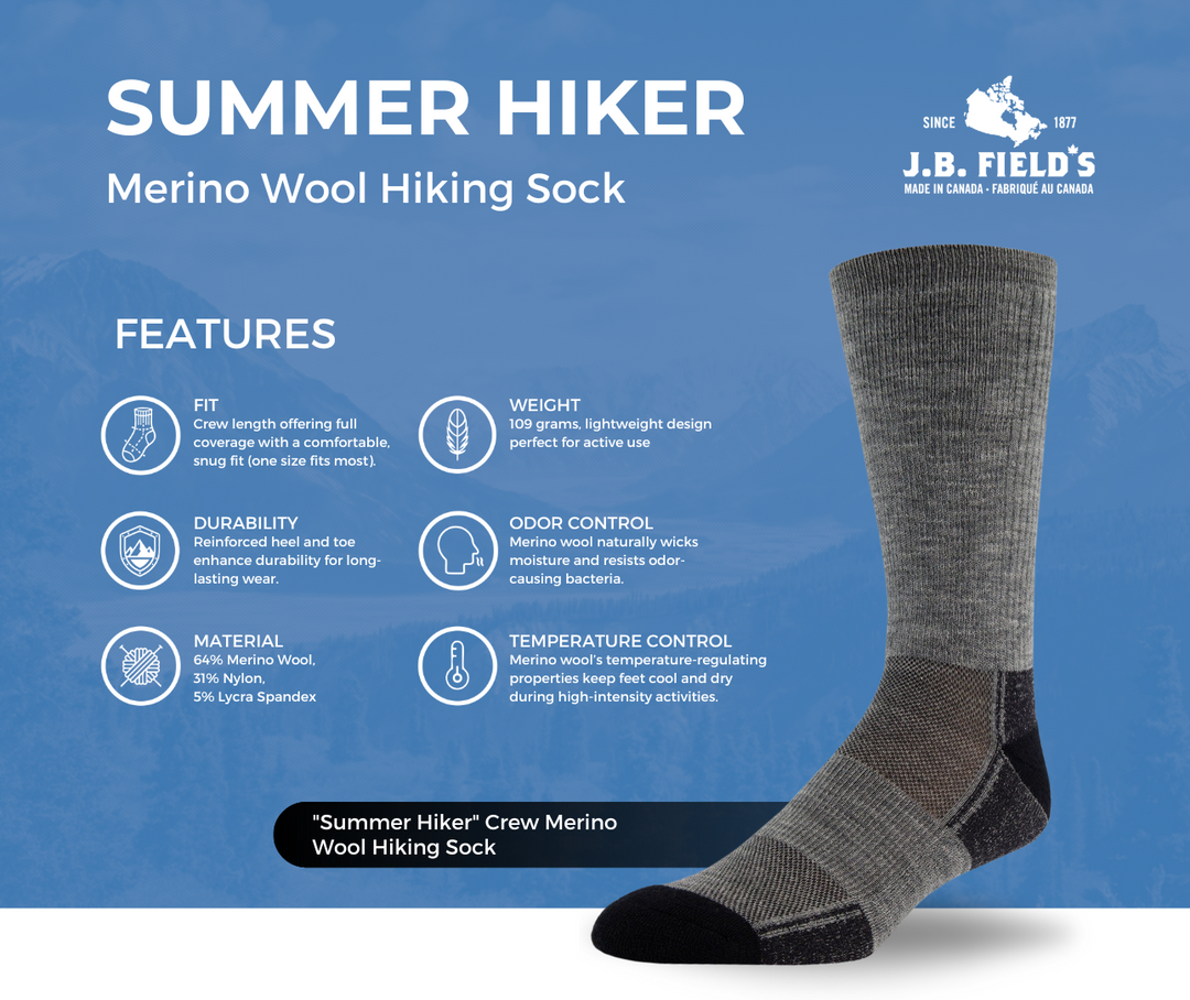 J.B. Field's "Summer Hiker" Crew Merino Wool Hiking Sock